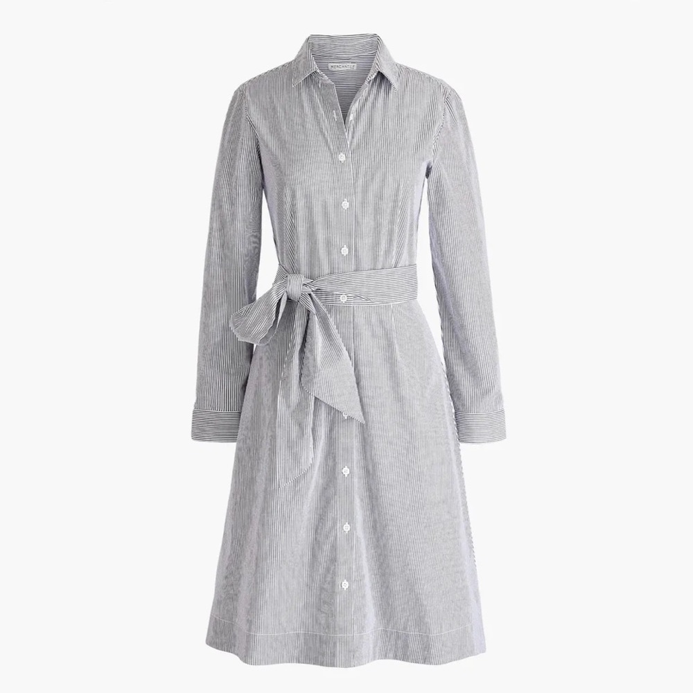 J Crew L2362 Size 2 Navy/White Stripe Tie-Waist Poplin Classic Shirt Dress